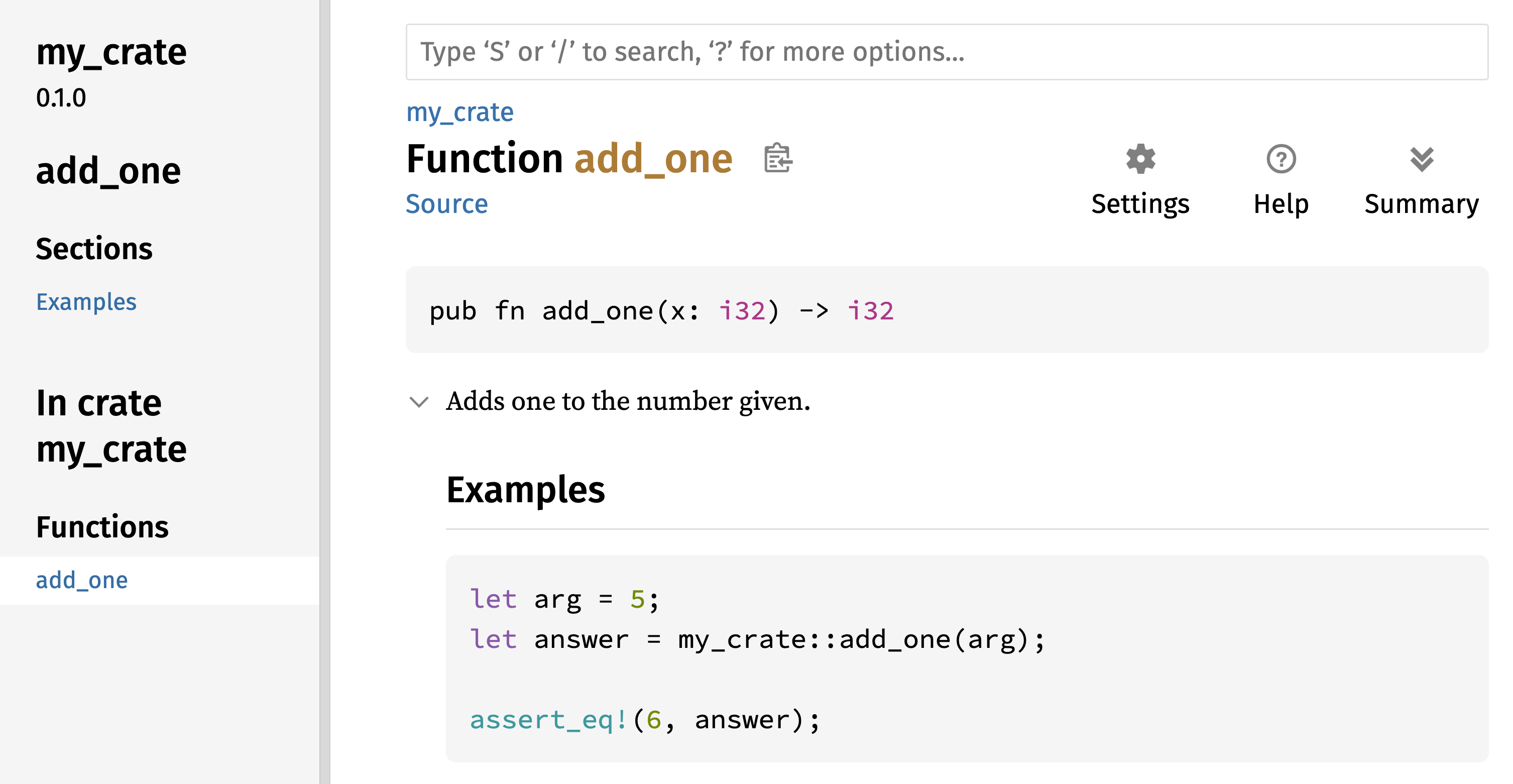 Dokumentasi HTML yang dirender untuk fungsi `add_one` dari `my_crate`