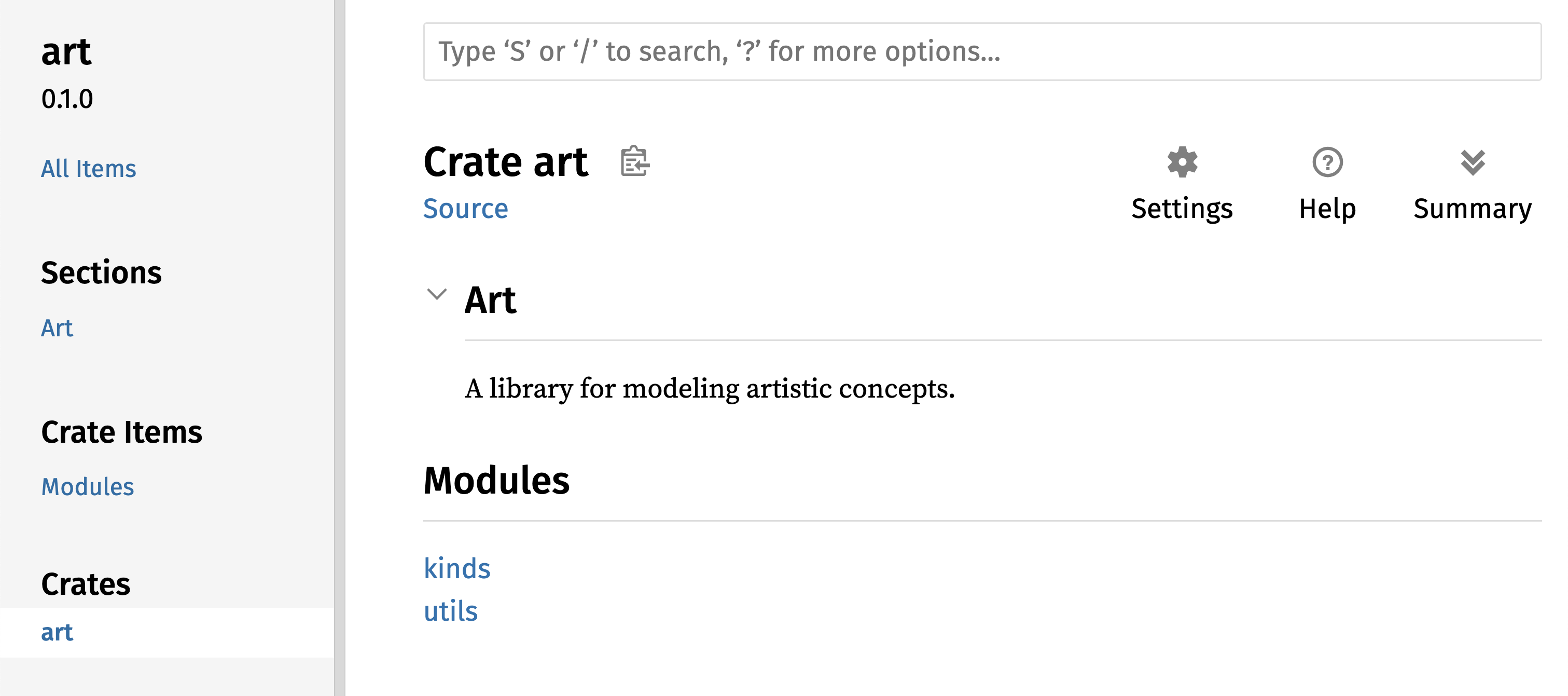 Dokumentasi yang dirender untuk _crate_ `art` yang mendaftarkan modul `kinds` dan `utils`