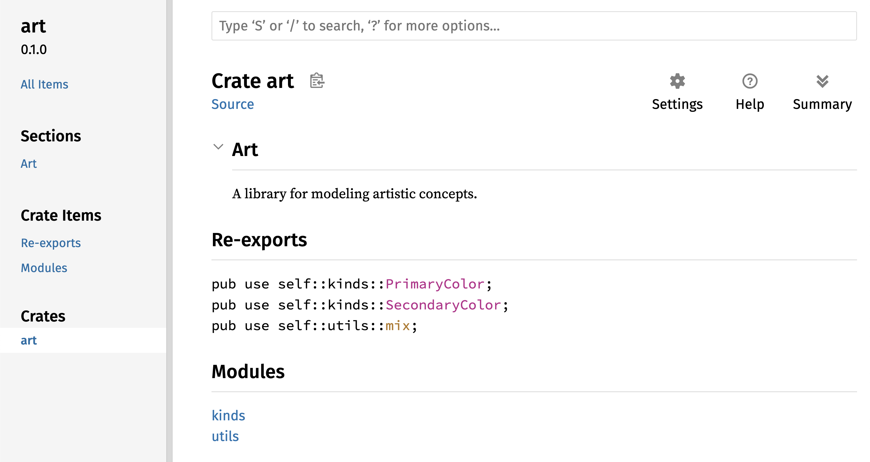 Dokumentasi yang dirender untuk _crate_ `art` dengan hasil *re-exports* di halaman depan